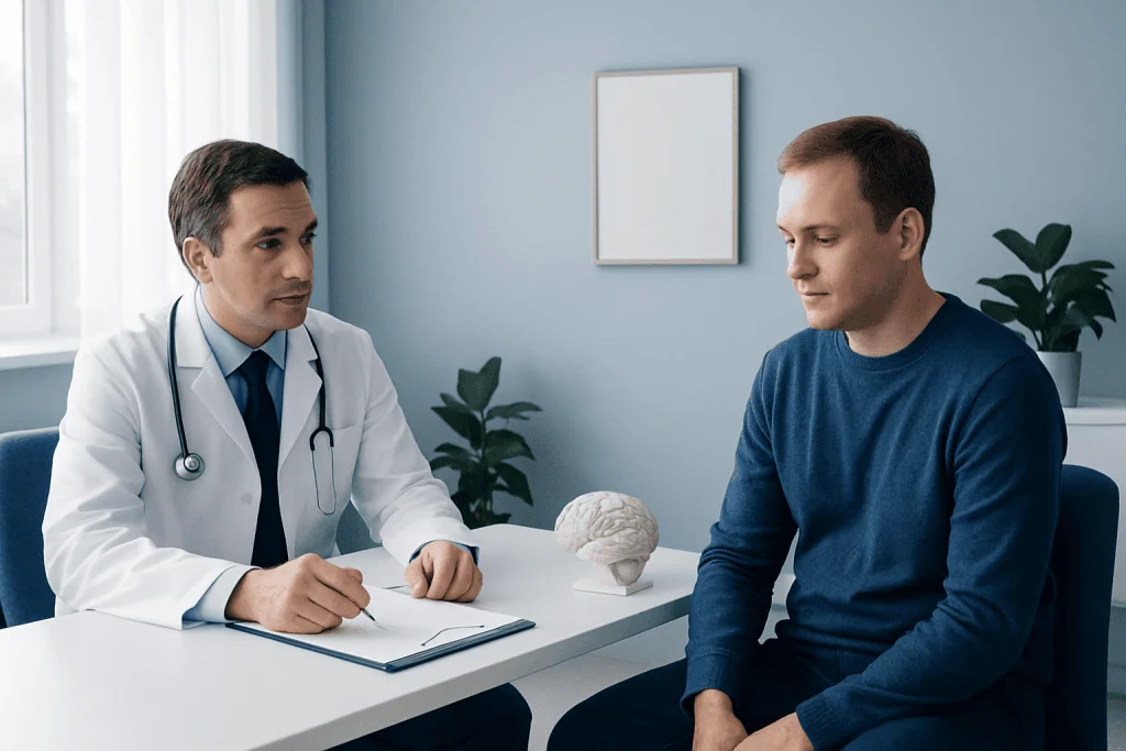 Doctor consulting with a patient in a modern medical office.