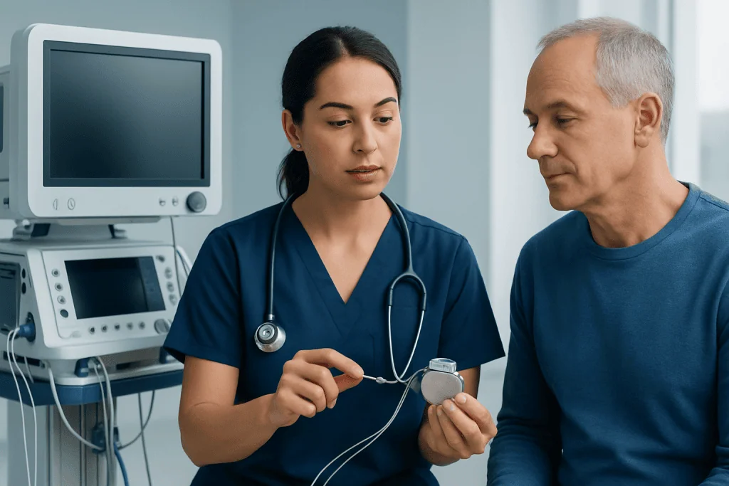 Healthcare professional explaining ICD device to patient in hospital setting.