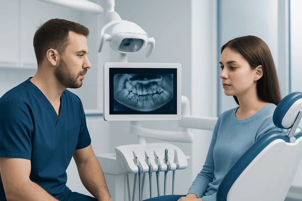 Dentist explaining impacted tooth X-ray to patient in dental clinic.