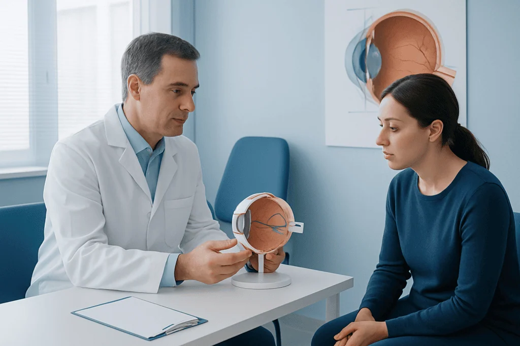 Ophthalmologist explaining eye anatomy to patient with eye model.