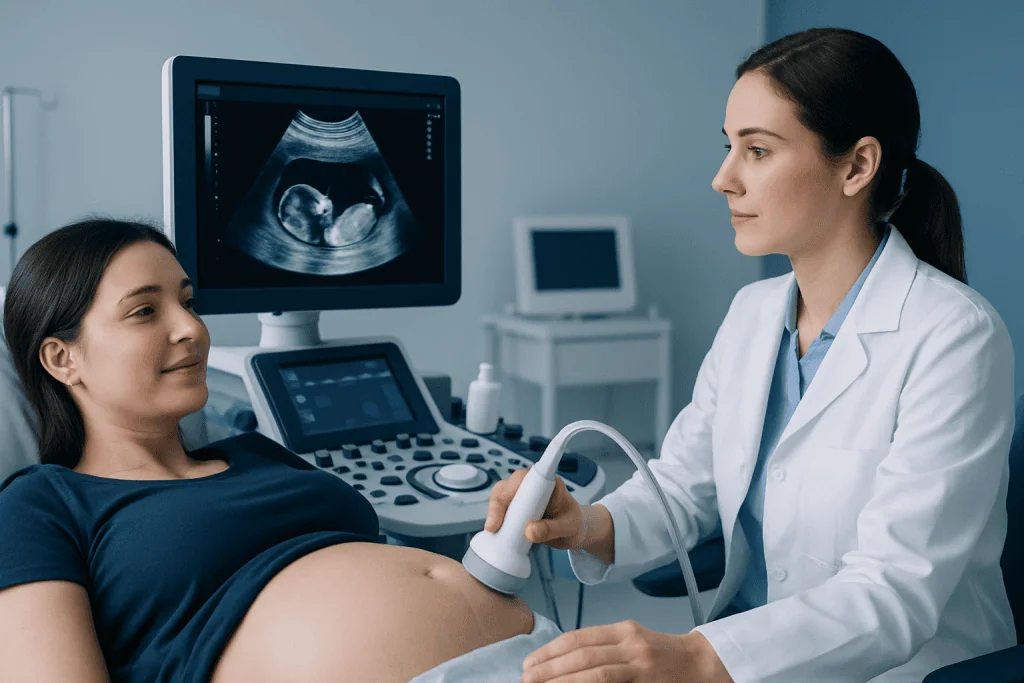 Ultrasound examination of a pregnant woman at a hospital.