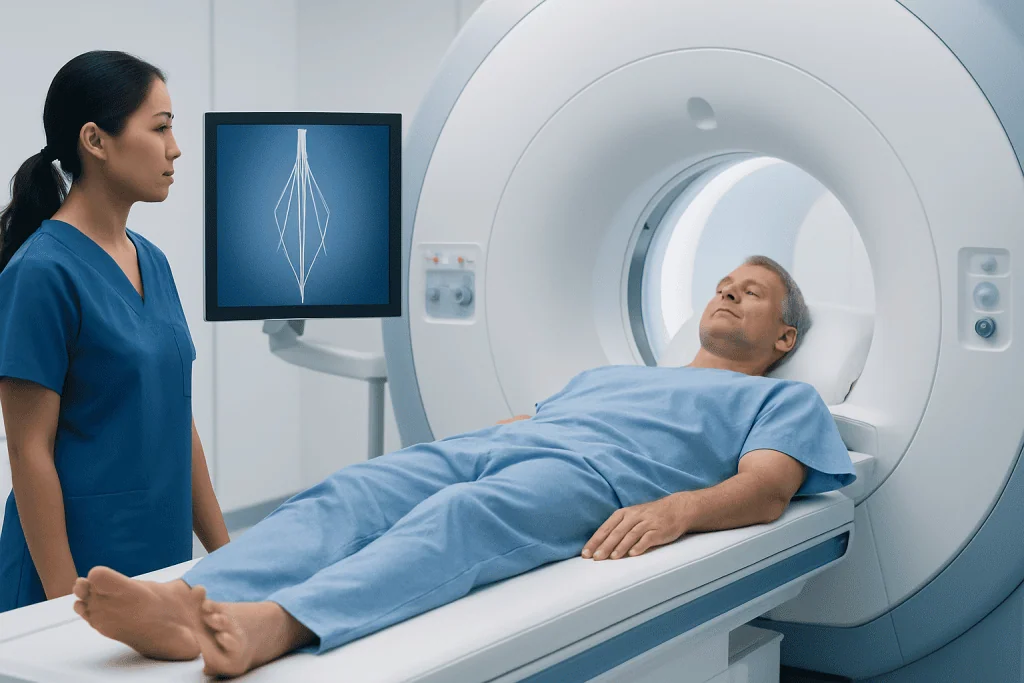 Patient undergoing MRI scan in a medical facility with technician present.