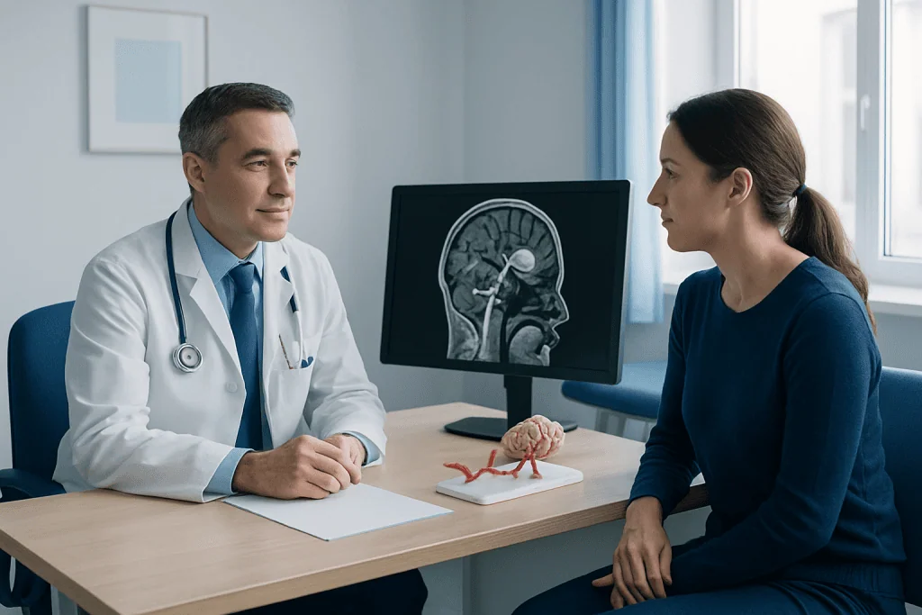 Doctor explaining brain MRI results to patient in a consultation room.