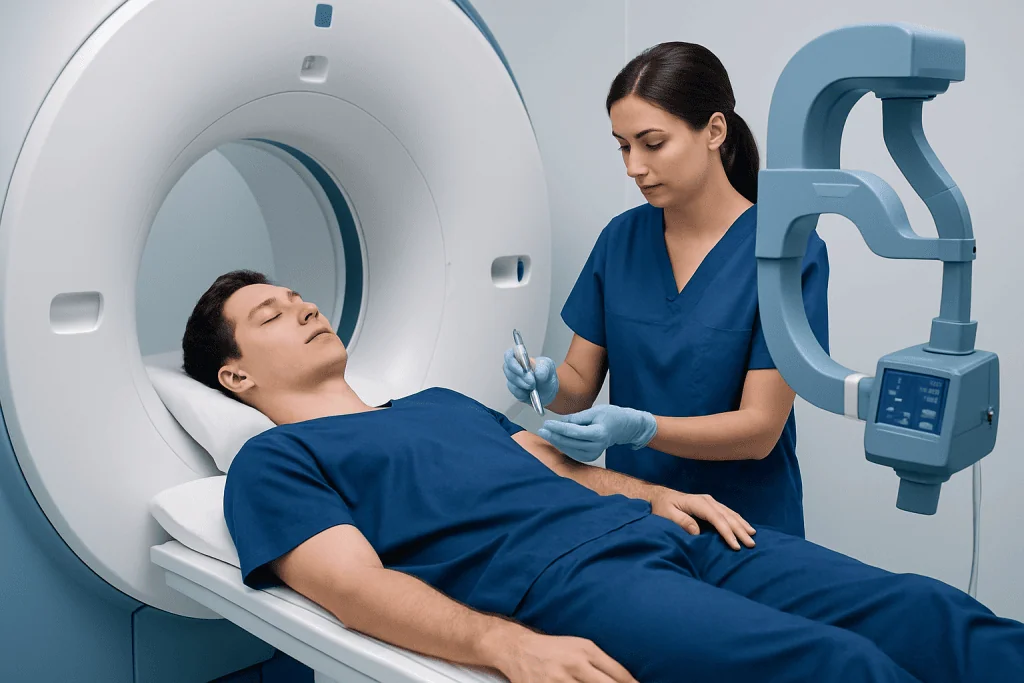 Patient undergoing MRI scan at Acibadem Hospital for joint imaging.