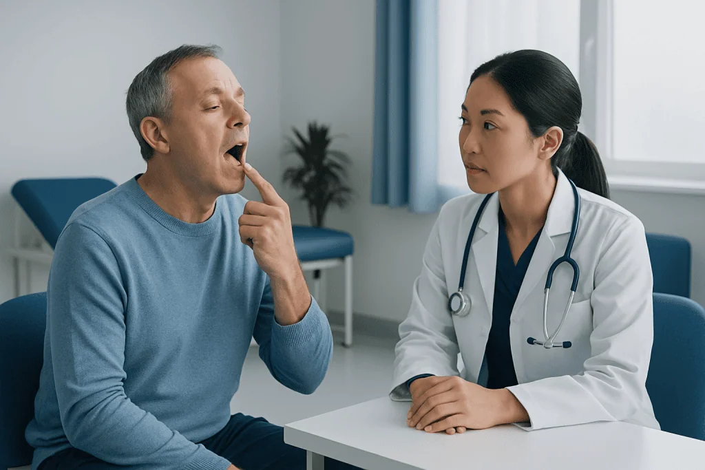 Doctor examines patient's throat during consultation at hospital.