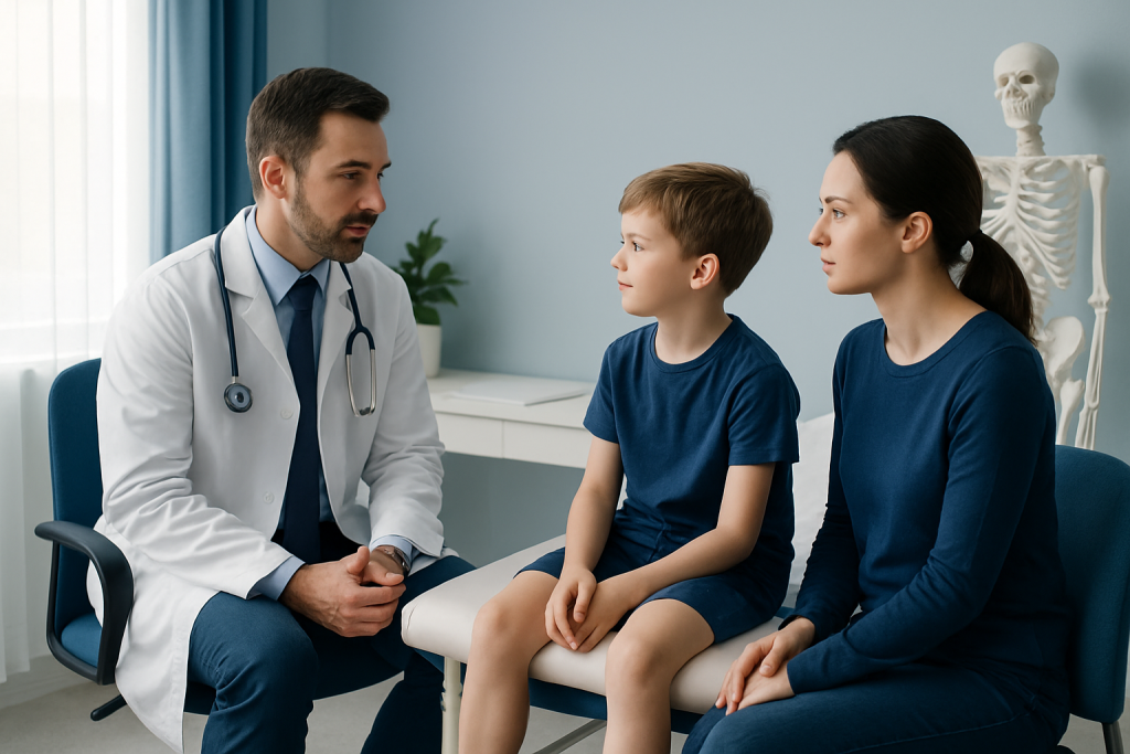 Pediatric orthopedic consultation with doctor, child, and parent in clinic.