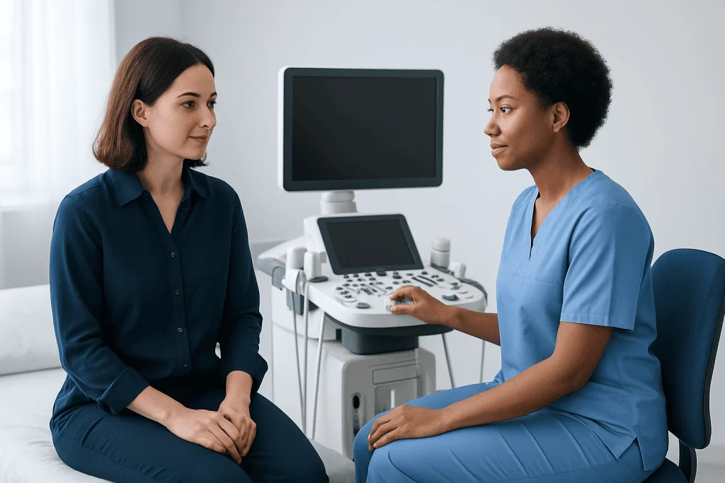 Doctor and patient during ovarian cancer ultrasound consultation at Acibadem Hospital.