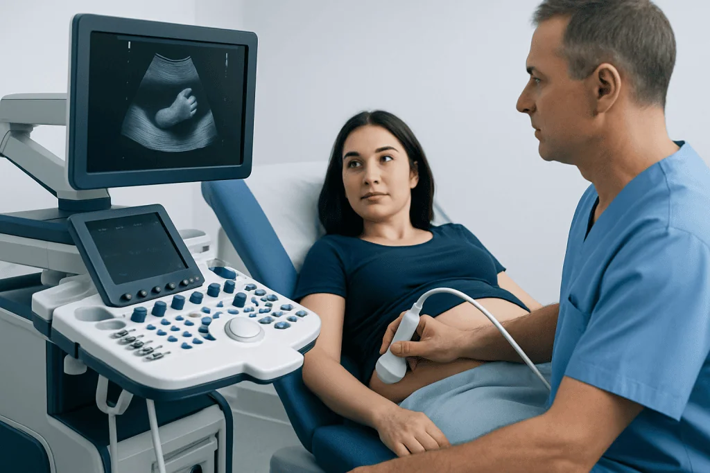 Medical professional performing an ultrasound on a young woman in a clinic.
