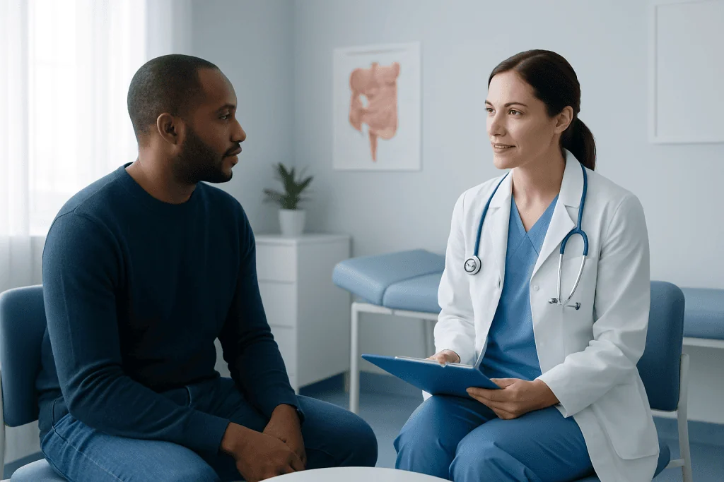 Doctor consulting with patient in a medical office setting.