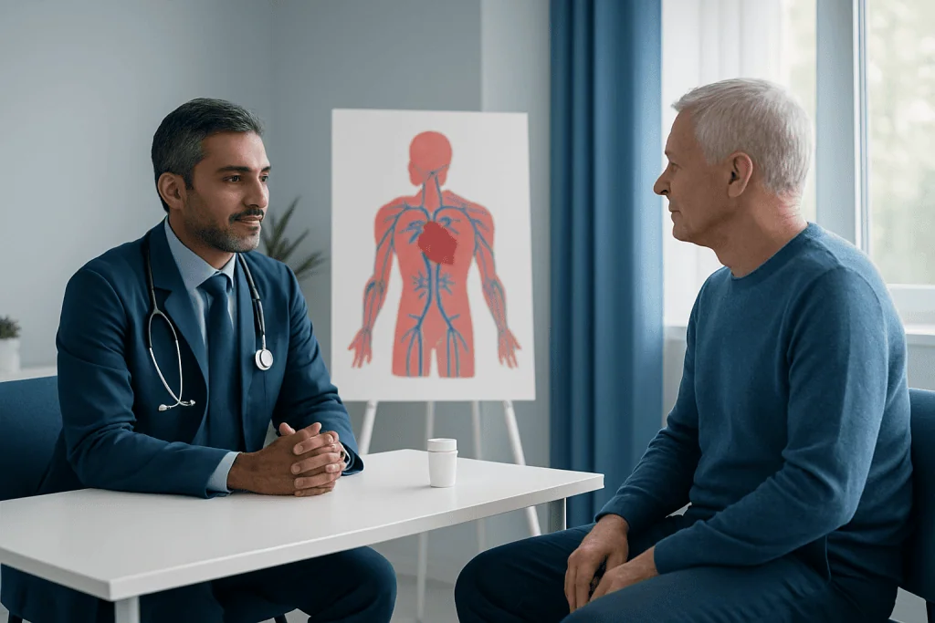 Doctor consulting with patient in a medical office with anatomy chart.