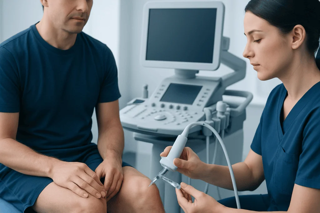 Medical professional performing ultrasound on patient's knee at Acibadem Hospital.