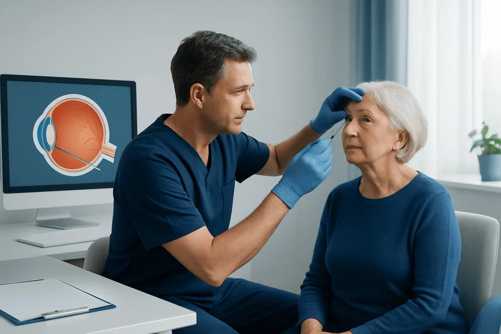 Ophthalmologist examining an elderly woman's eye in a clinical setting.