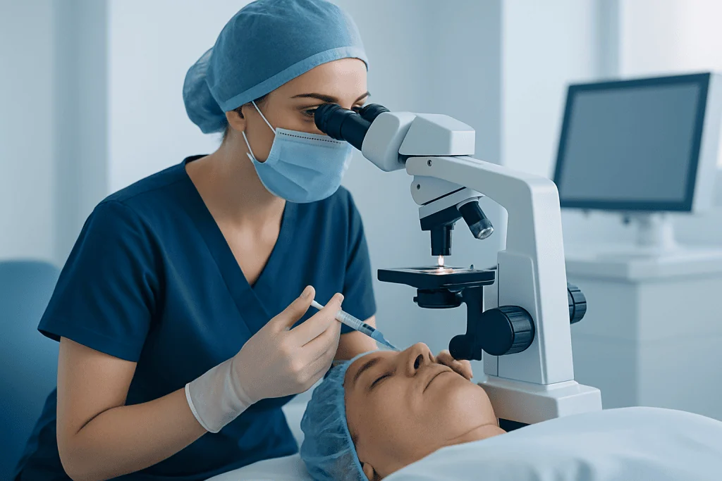 Ophthalmologist performing eye examination with a microscope at a hospital.