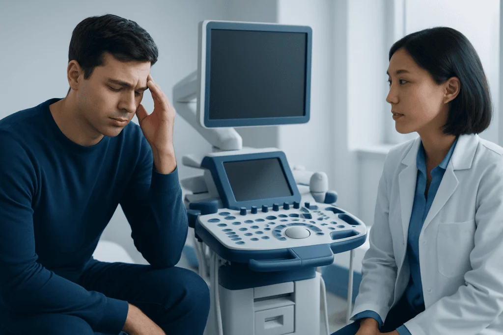 Patient experiencing stress during medical consultation with doctor.