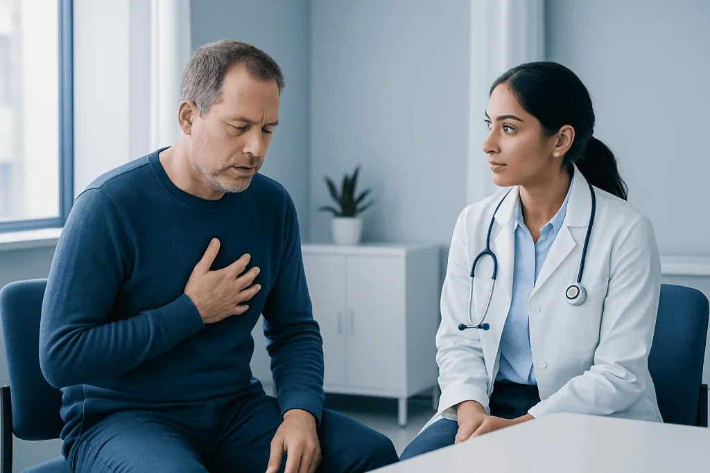 Doctor consulting with a patient experiencing chest discomfort in a medical office.