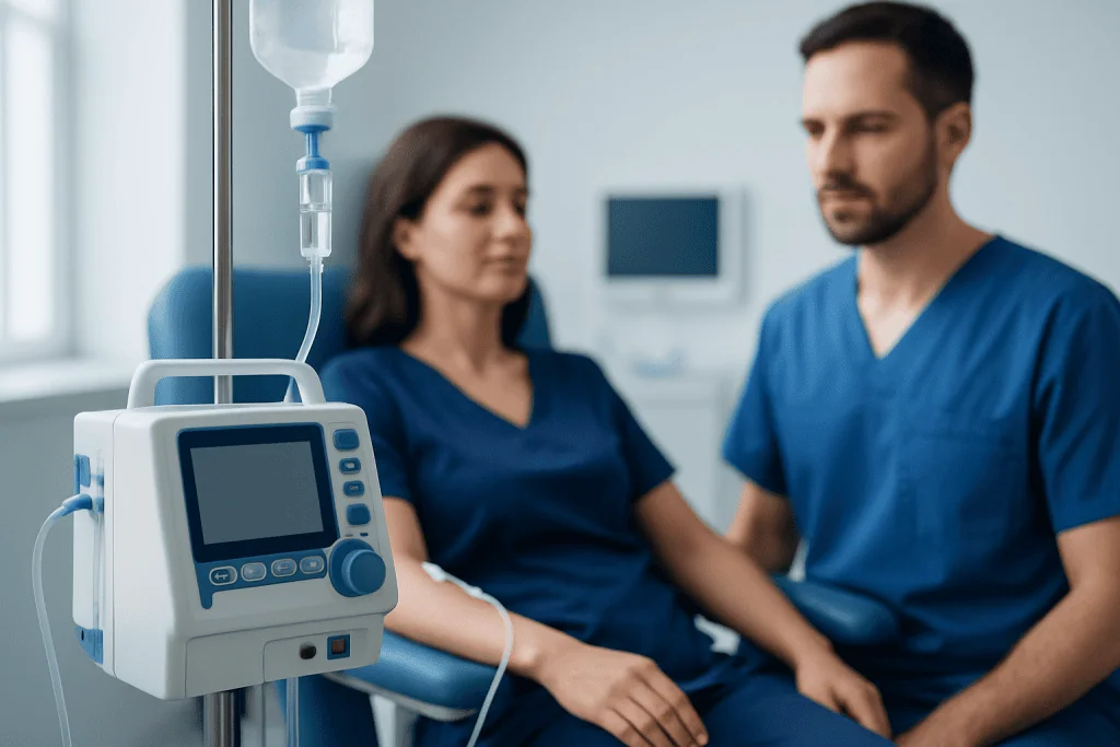 Medical professionals with patient in hospital room with IV drip.