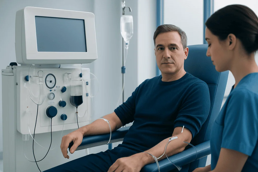 Patient receiving treatment in a hospital room with medical equipment.
