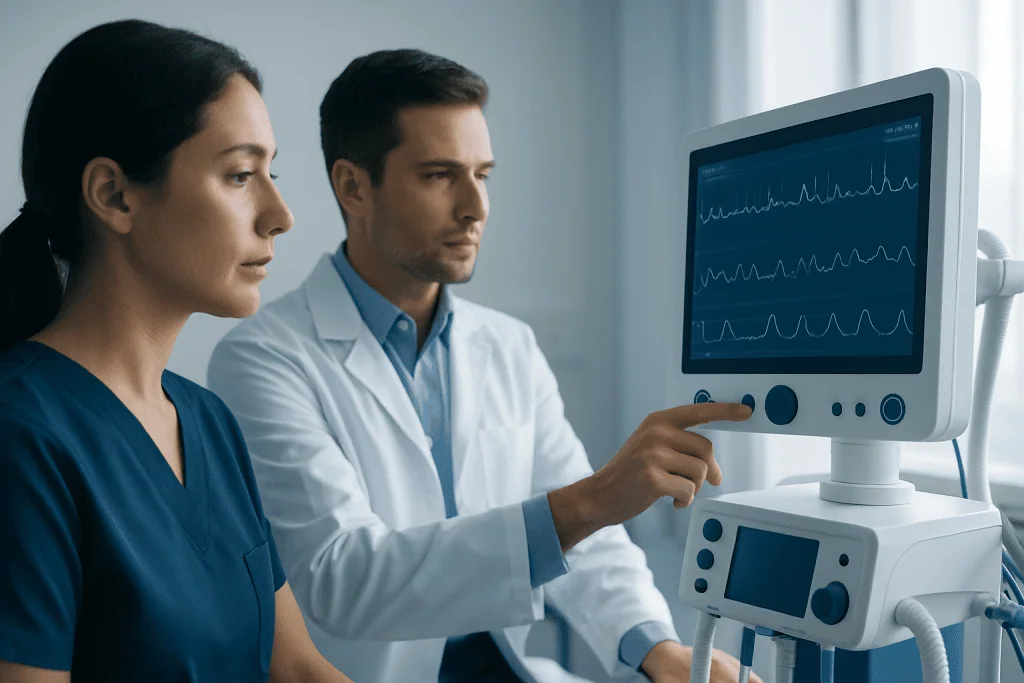 Medical professionals monitoring patient heart activity on an ECG machine.