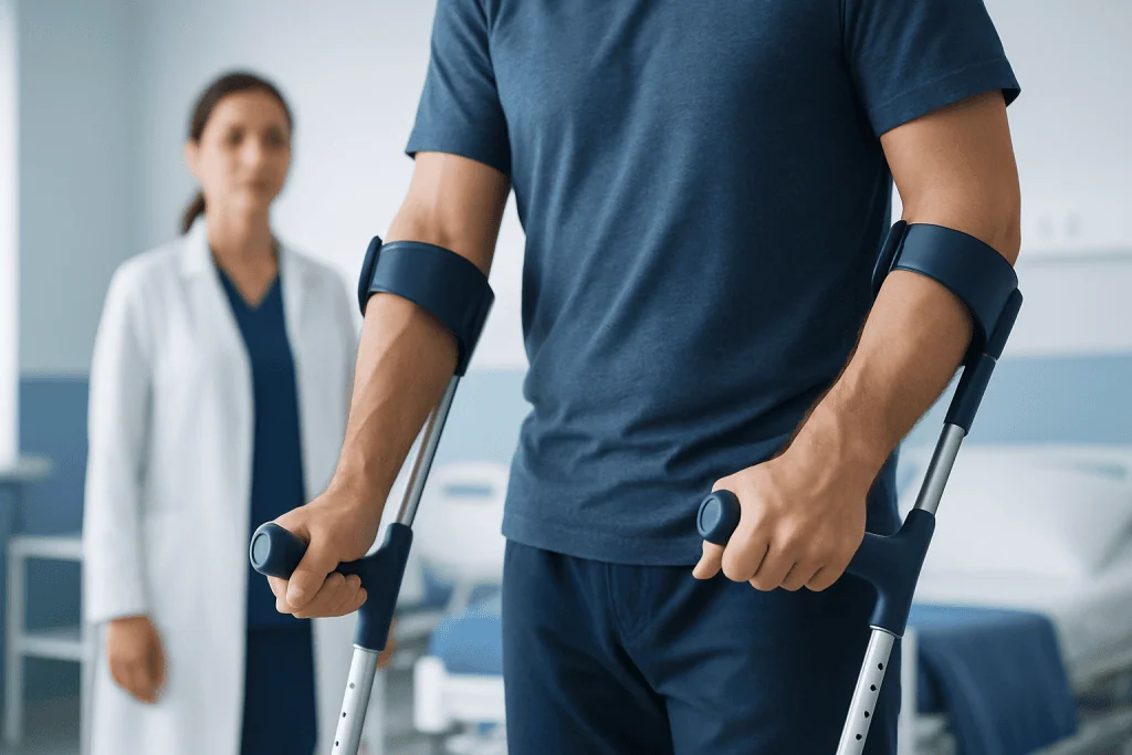 Patient using crutches with arm braces in a medical setting.