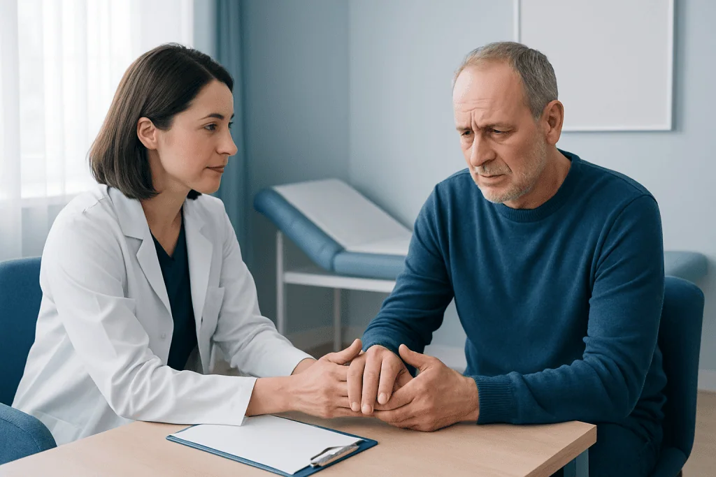 Doctor examining a patient's hand for arthritis symptoms.