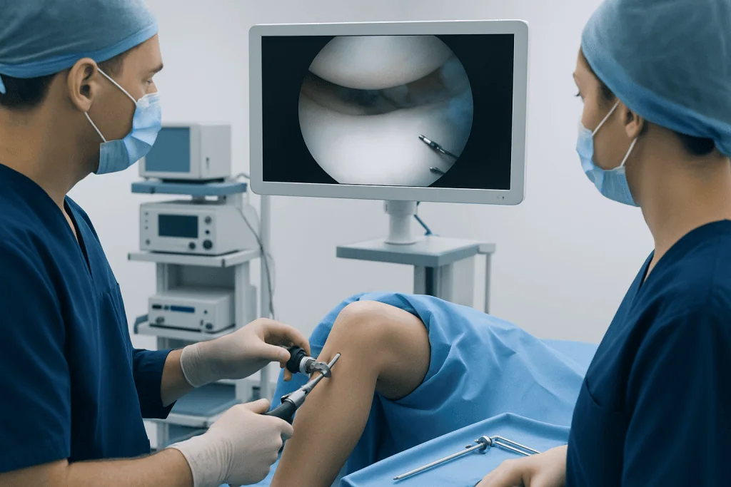 Surgeons perform arthroscopy on a patient's knee in a modern operating room.
