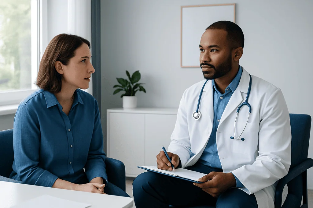 Doctor consulting with a female patient in a modern clinic setting.