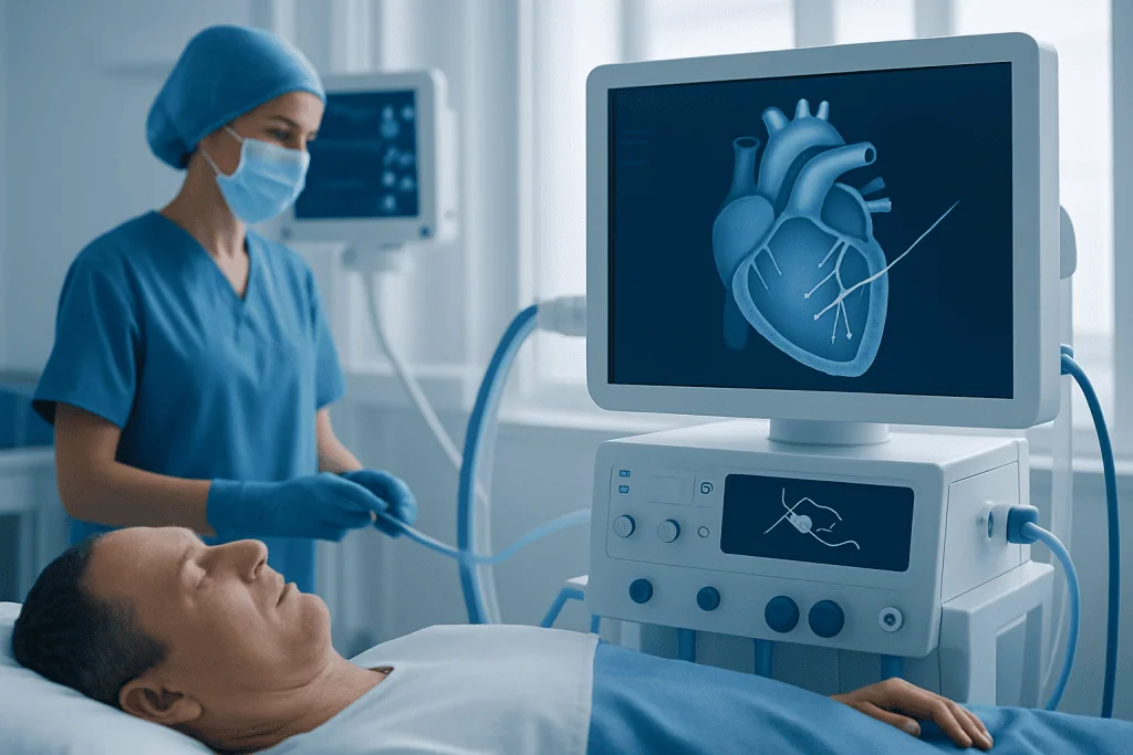 Cardiologist performing an echocardiogram on a patient in a hospital setting.
