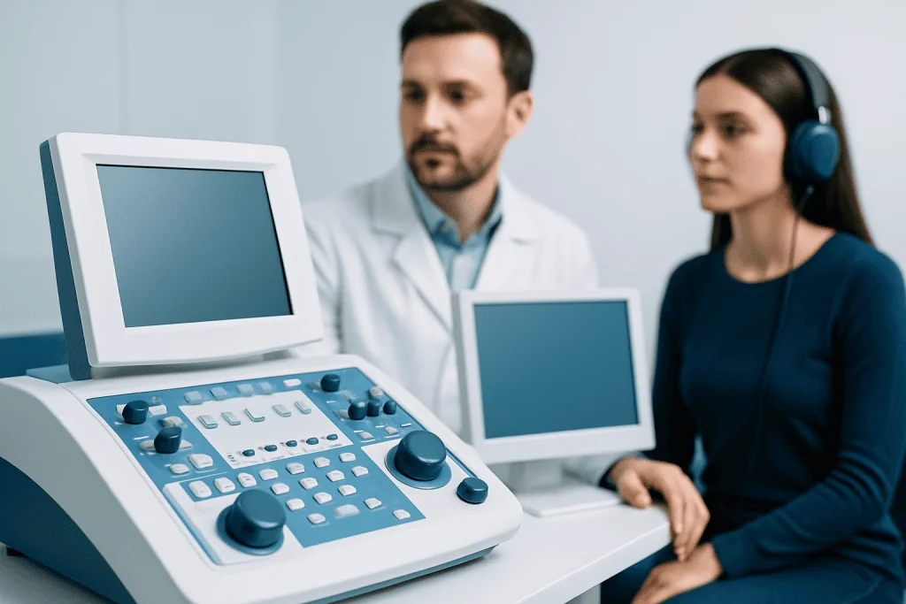 Medical professional and patient with ultrasound equipment in a clinical setting.