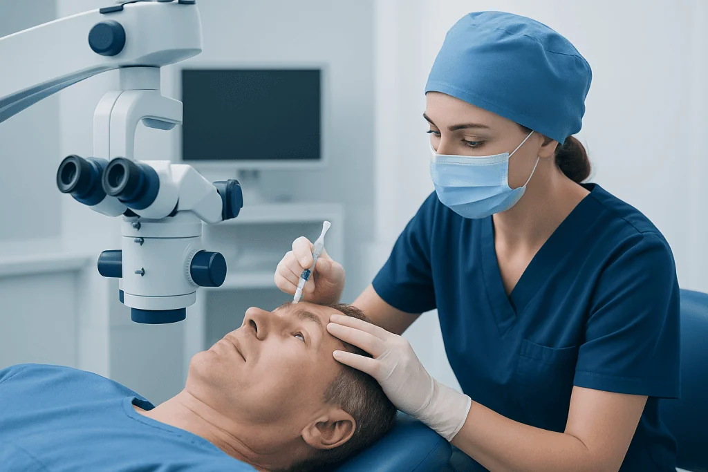 Ophthalmologist performing eye injection procedure in a clinical setting.