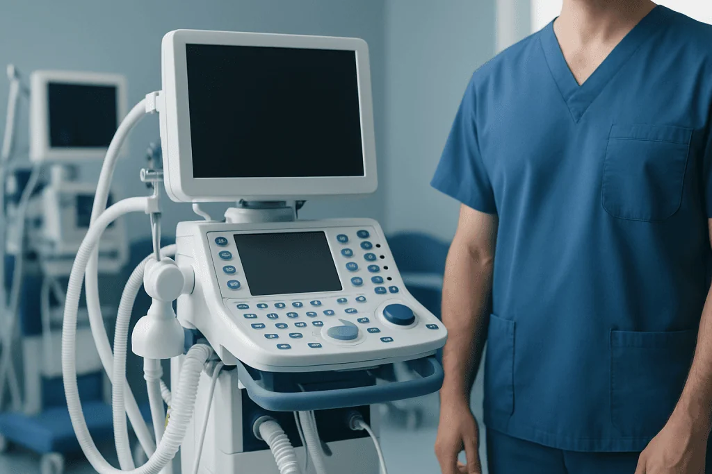 Medical ultrasound machine in a hospital setting with healthcare professional.