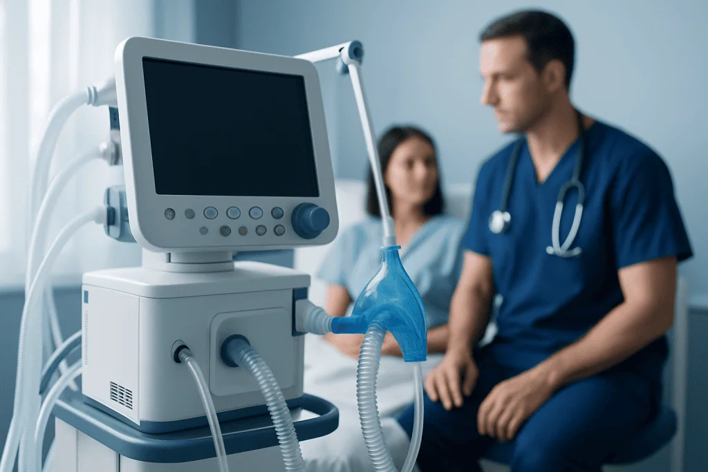 Medical ventilator machine in a hospital room with healthcare professionals in the background.
