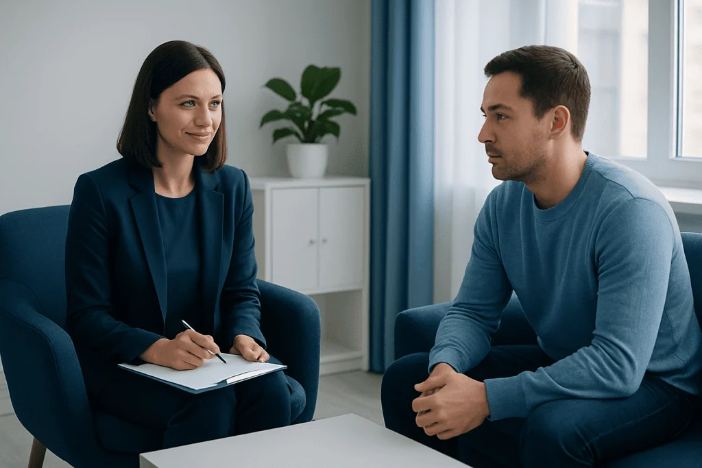 Therapist and patient in a counseling session at Acibadem Hospitals Group.