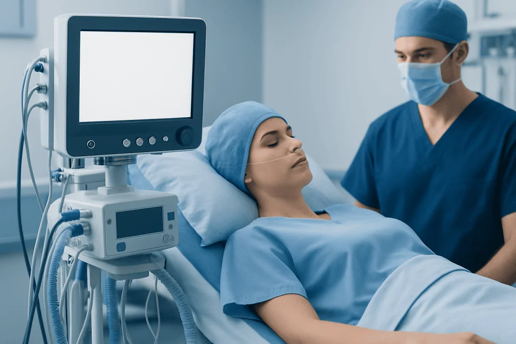 Patient in hospital bed with medical staff and monitoring equipment.