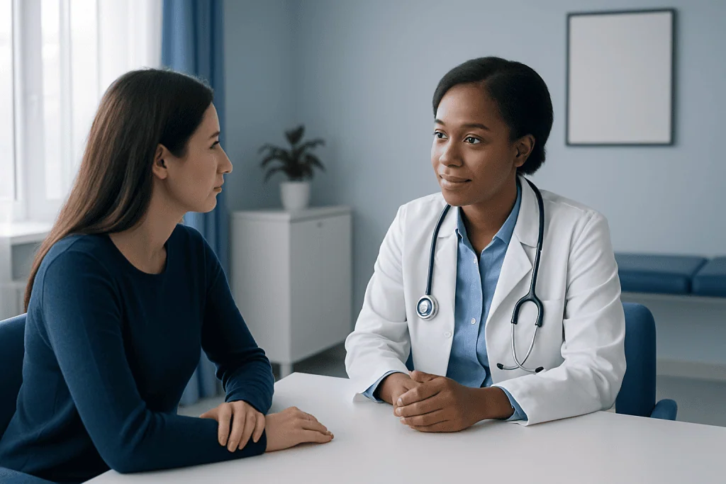 Doctor consulting with patient in a modern medical office.