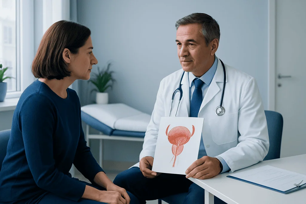 Urologist explaining bladder health to a patient in a clinic setting.