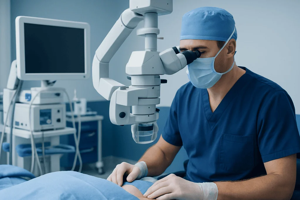 Surgeon performing eyelid surgery with advanced microscope equipment.