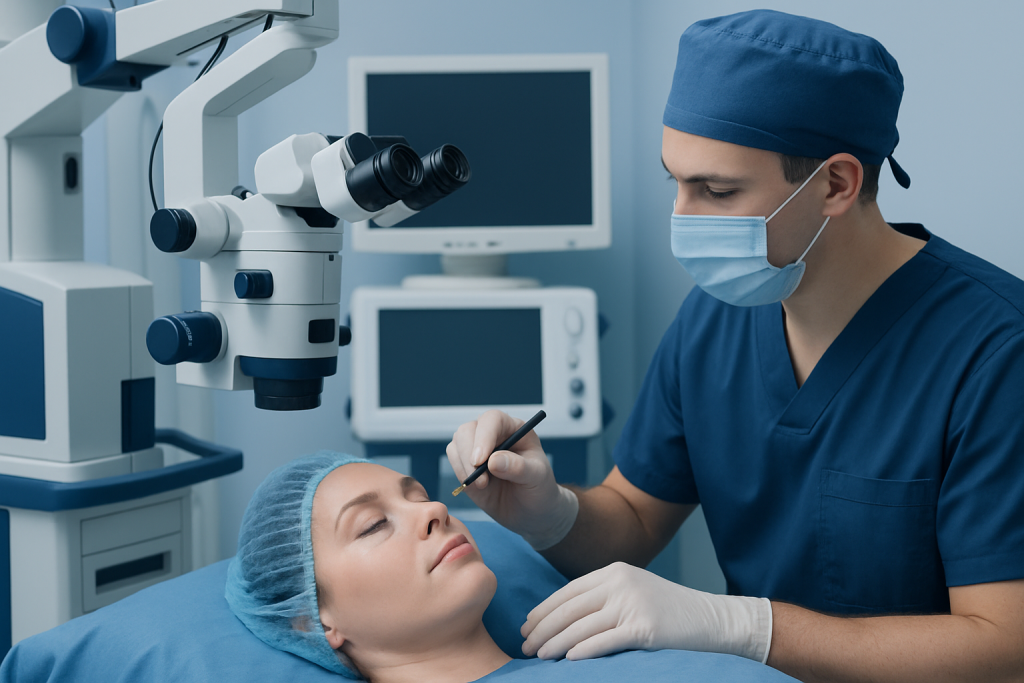 Ophthalmologist performing eyelid surgery consultation in a clinical setting.