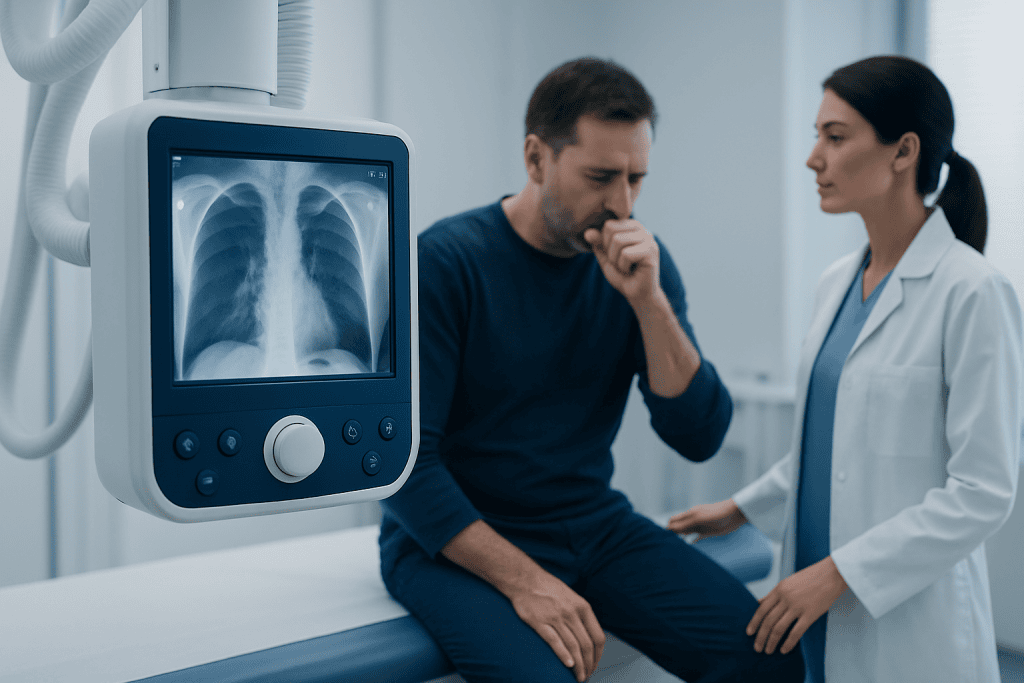 Doctor reviews chest X-ray with patient in hospital setting.