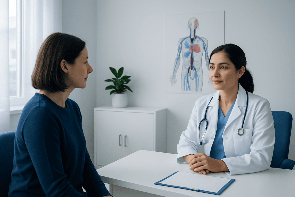 Doctor consulting with patient about circulatory system health in clinic.
