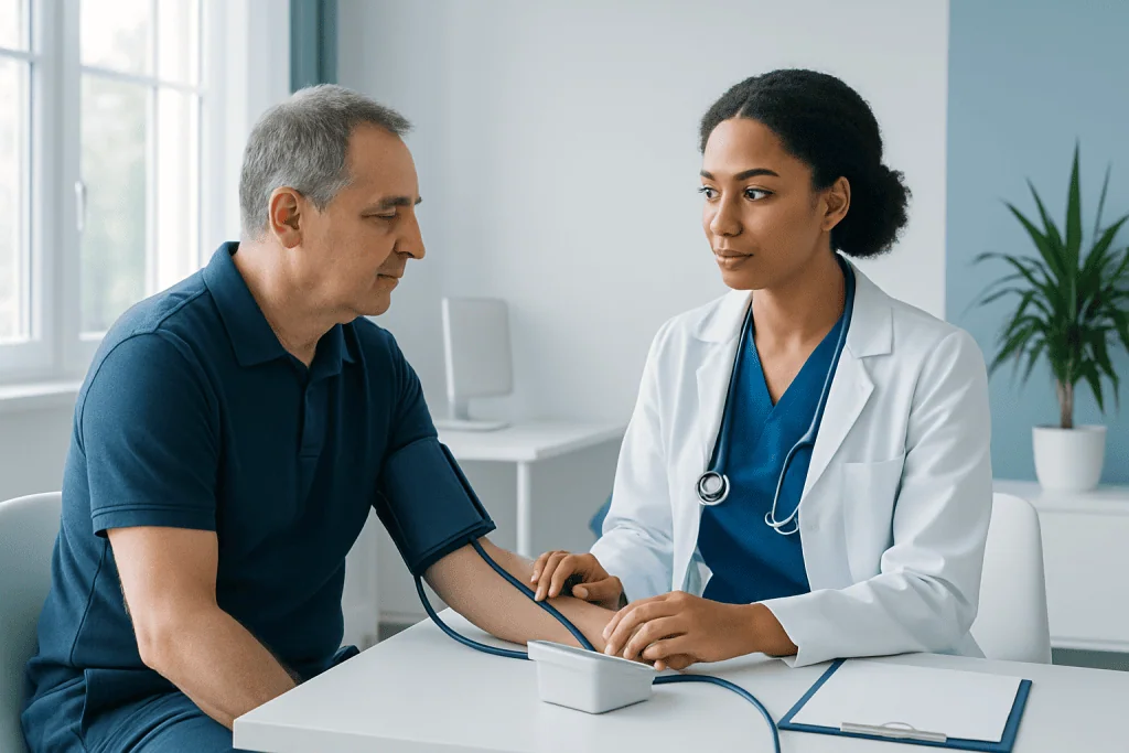 Doctor measuring patient's blood pressure in a clinical setting.