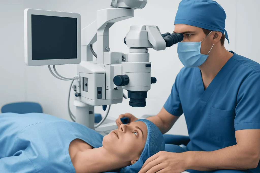 Ophthalmologist performing eye examination with advanced equipment.