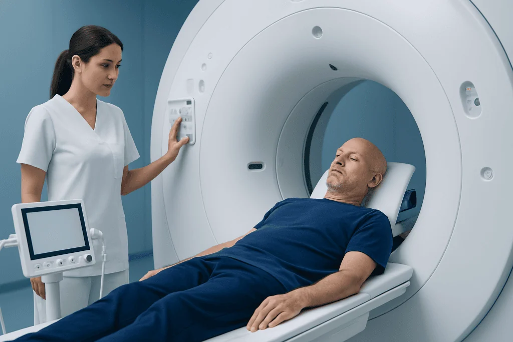Patient undergoing MRI scan at Acibadem Hospital for prostate cancer evaluation.