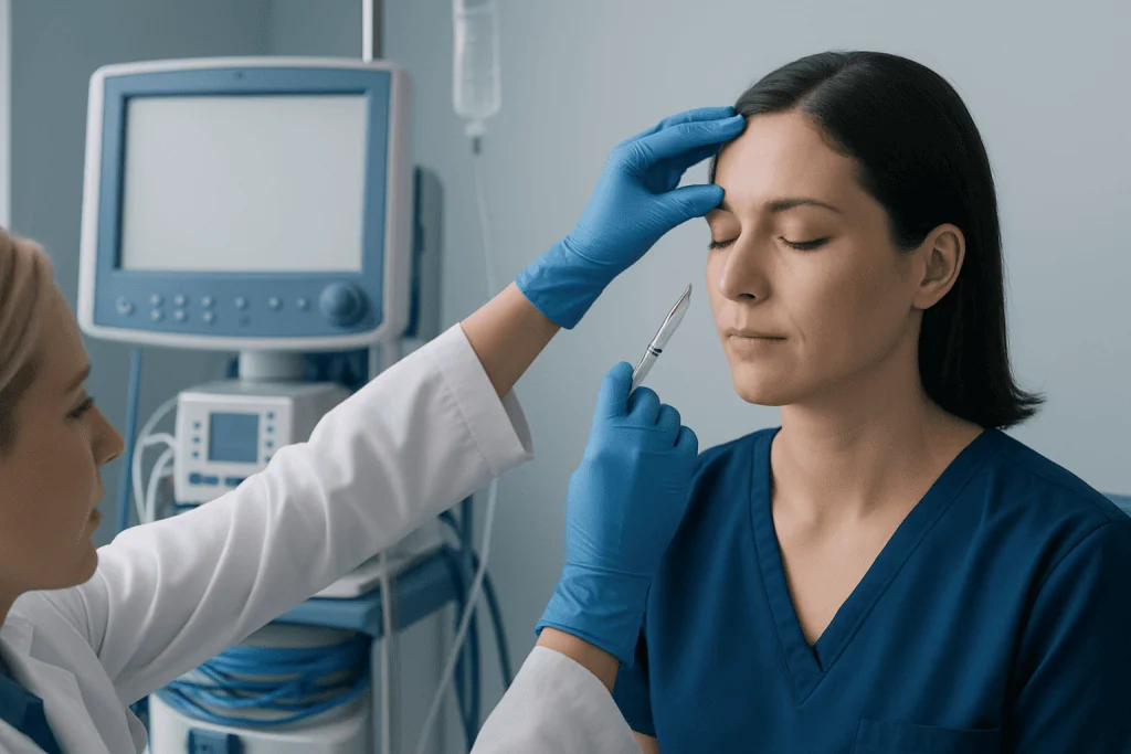 Doctor administering Botox injection for migraine treatment in a clinical setting.