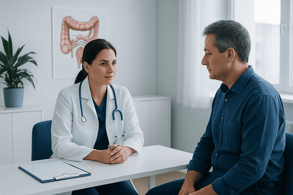 Doctor consulting with male patient in a medical office with digestive system diagram.
