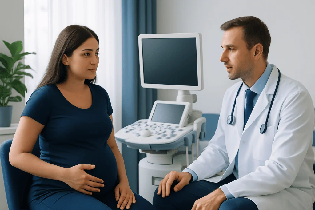 Doctor consulting pregnant woman in a medical examination room.