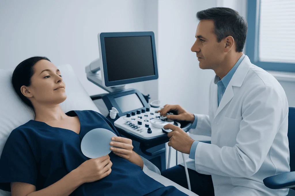 Doctor performing breast ultrasound examination on patient in hospital.