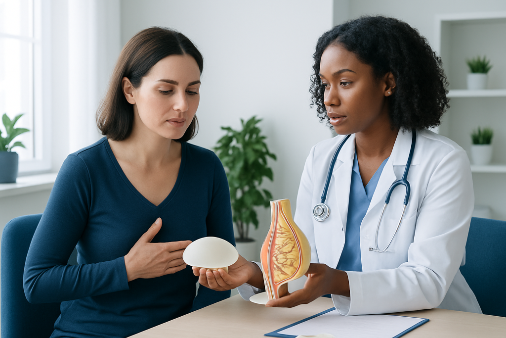 Doctor explaining breast implant to patient with anatomical model.