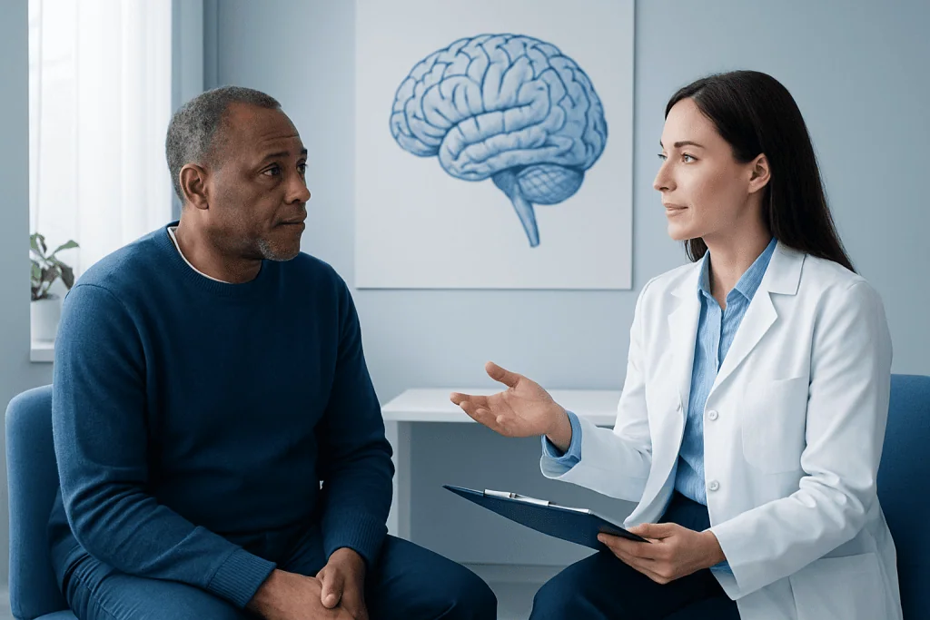Doctor consulting with a patient in a medical office with brain diagram on the wall.