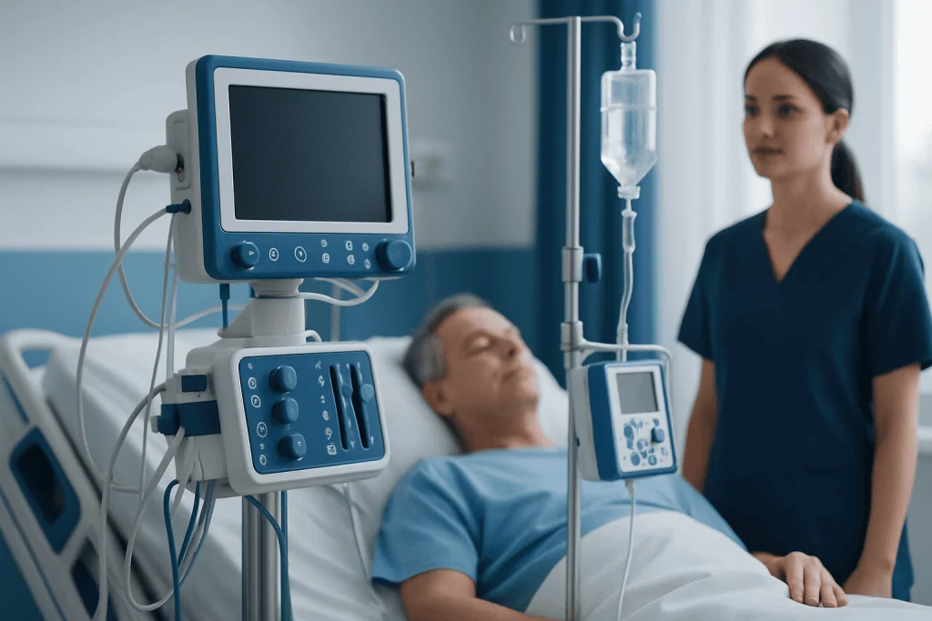Hospital patient monitored with medical equipment in a clinical setting.