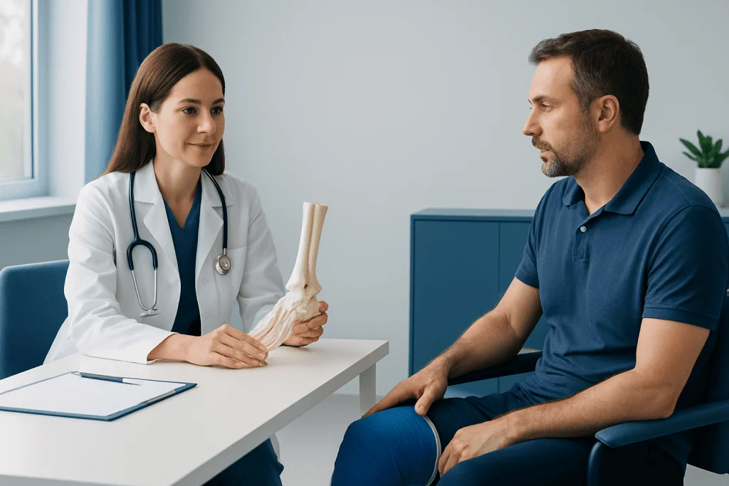 Doctor explaining ankle anatomy to patient in consultation room.